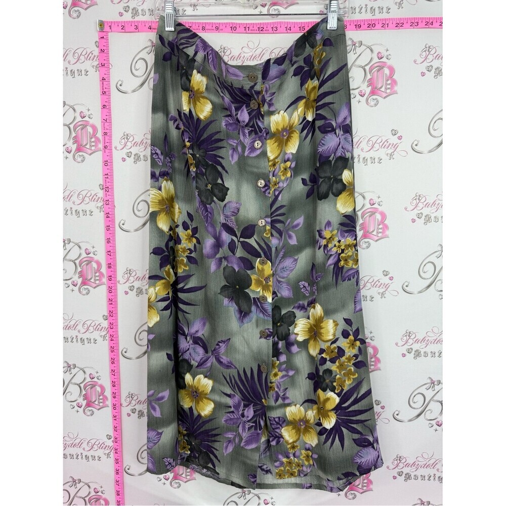 TanJay skirt vintage Gray Midi Skirt with Purple & Yellow Floral Print tiki